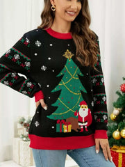 Christmas Tree Santa round neck sweater with festive tree and Santa design on black background and red ribbed trim