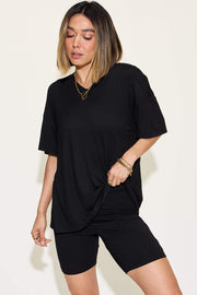 Basic Bae V-Neck T-Shirt & Shorts Set in black, featuring relaxed drop shoulder tee and comfy shorts for casual wear.