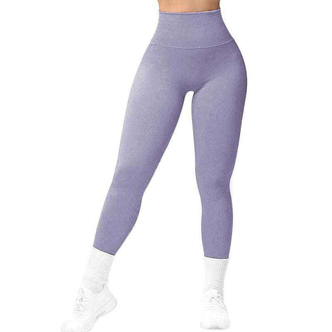 Breathable Yoga Suit in purple, showcasing high-waisted leggings with a seamless fit.