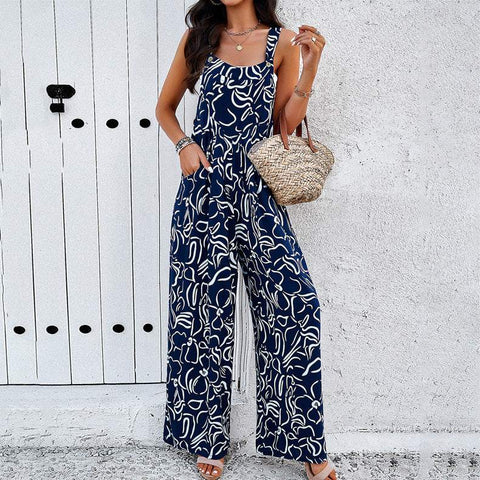 Square Neck Jumpsuit in blue and white pattern, featuring a flattering silhouette with a stylish design, perfect for versatile occasions.