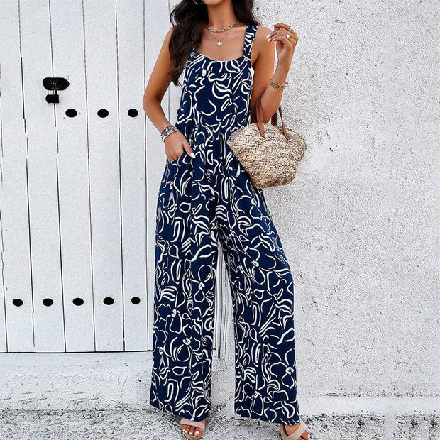 Square Neck Jumpsuit in blue and white pattern, featuring a flattering silhouette with a stylish design, perfect for versatile occasions.