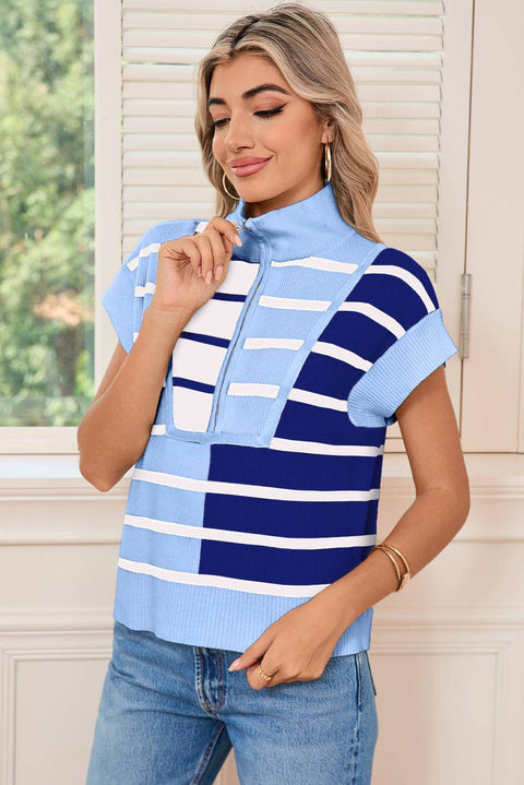 Sky Blue Stripe Knit Vest with quarter zip and trendy stripe pattern for versatile styling.
