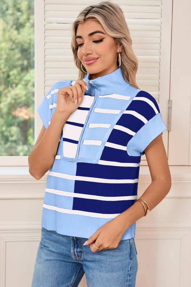 Sky Blue Stripe Knit Vest with quarter zip and trendy stripe pattern for versatile styling.