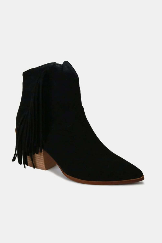 Black Beast Suede Fringe Ankle Boots with mid heels and playful fringe detail.