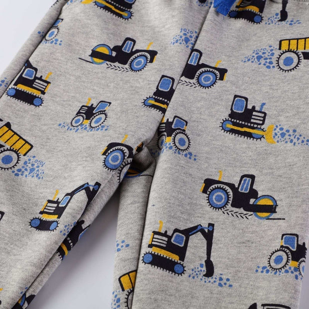 Boys Spring And Autumn Pants with tractor print in gray, durable cotton fabric.