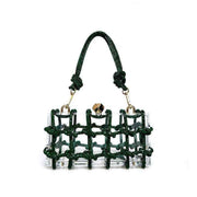 Luxurious French Rhinestone Square Handbag with green detailing and detachable chain strap.