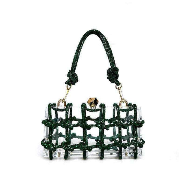 Luxurious French Rhinestone Square Handbag with green detailing and detachable chain strap.