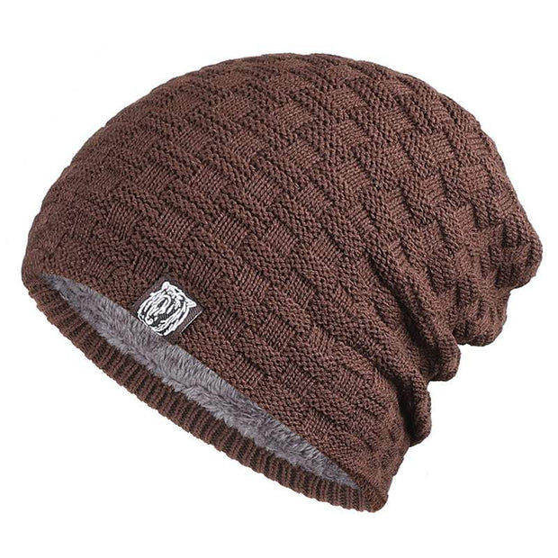 Brown Tiger Label Fleece Hat with soft interior and unique design.