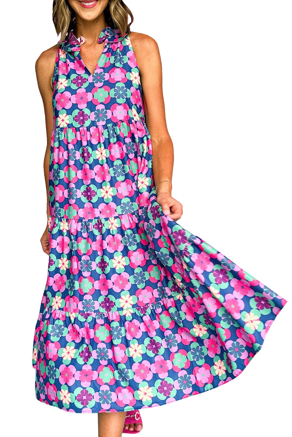 Blue 60s Flower Maxi Dress