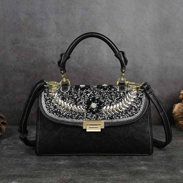 Retro diamond studded shoulder bag with elegant design and sparkling embellishments.