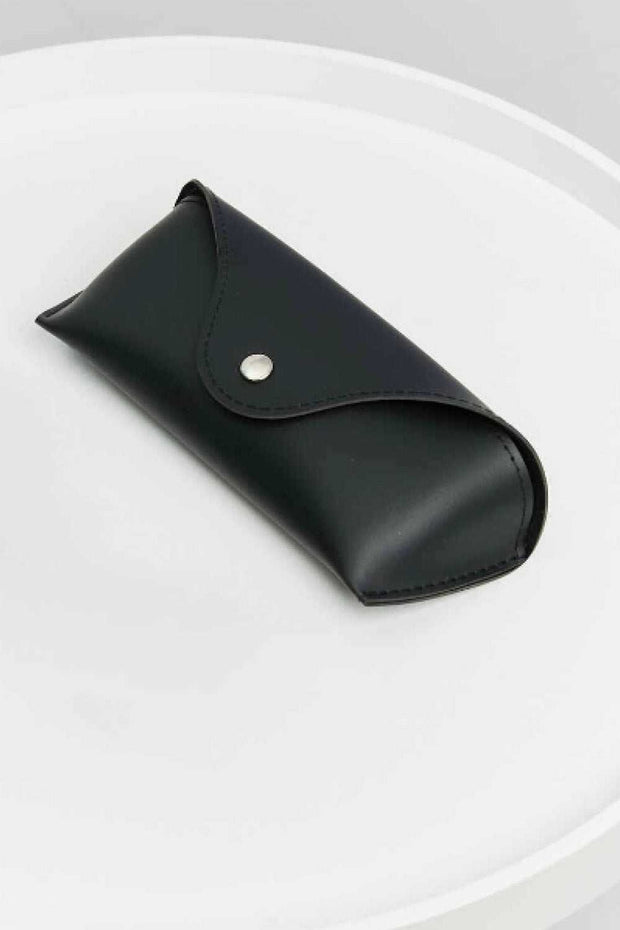 Black case for Metal Plastic Hybrid Full Rim Sunglasses on white surface.
