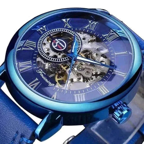 Men's luxury brand watch with blue dial and intricate mechanics showcasing elegance and precision.