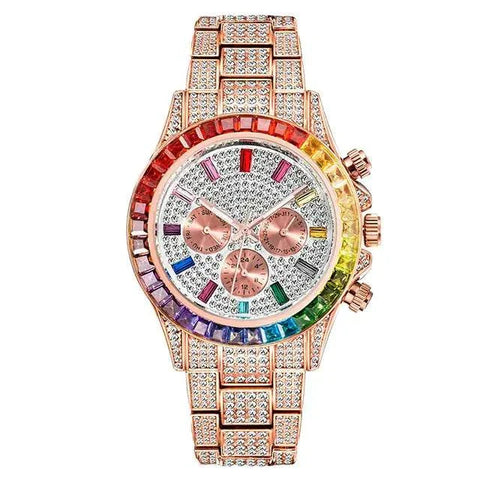 Luxury Diamond Calendar Watch with colorful gemstone accents and elegant design.