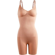 Women's one-piece corset tights, seamless design, stretchy nylon fabric, deep flesh color.