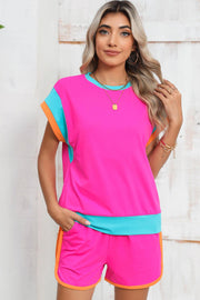 Rose Red Color Block Loose Fit Set with vibrant top and shorts, stylish and comfortable ensemble.