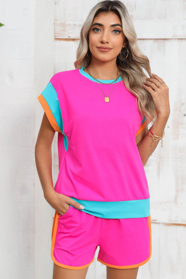 Rose Red Color Block Loose Fit Set with vibrant top and shorts, stylish and comfortable ensemble.