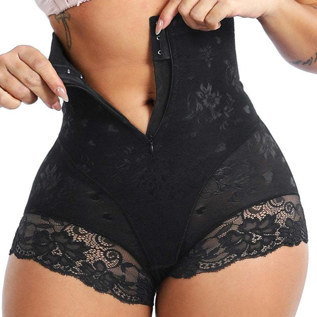 Lace high waist belly zipper pants with elegant floral detailing.
