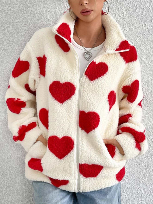 Heart Furry Zip-Up Jacket with red heart motifs, plush texture, drop shoulder design.