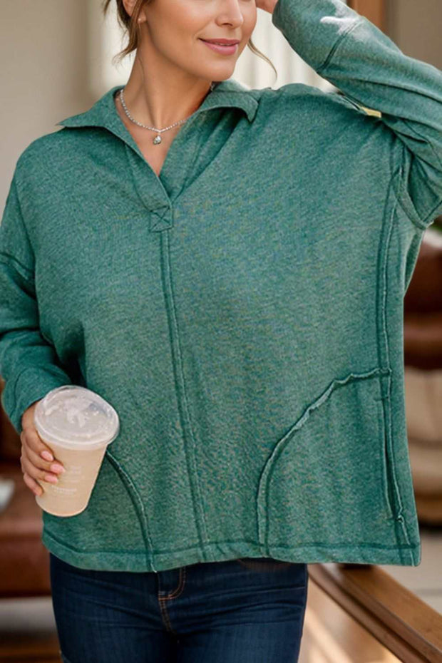 Collared Neck Sweatshirt in green with long sleeves and stylish neckline, perfect for casual and semi-formal occasions.