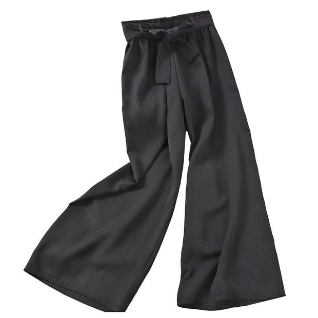 Elastic Waist Casual Pants in black polyester with wide legs and a bow detail.