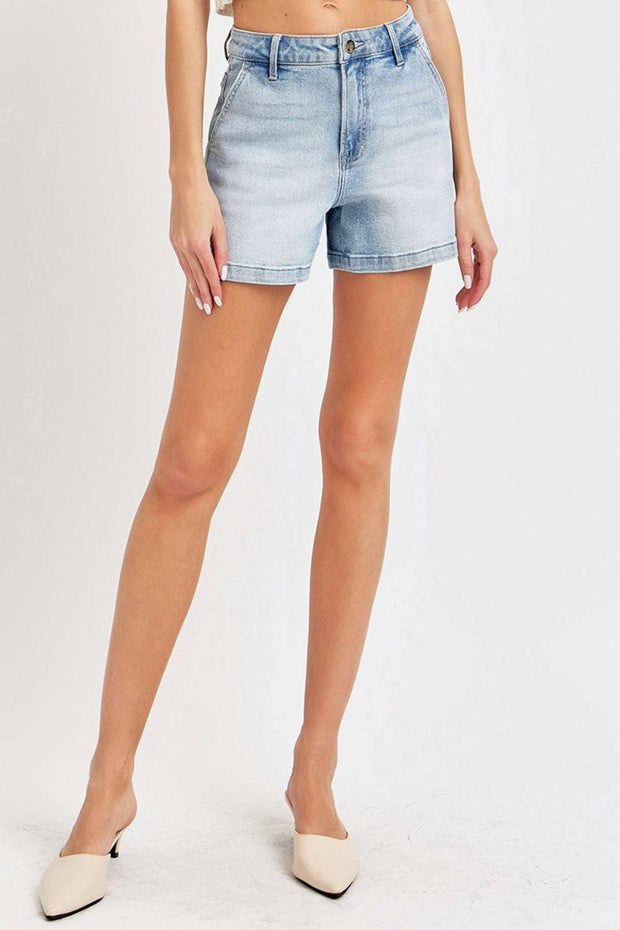 RISEN Denim Shorts, light wash, mid-rise waist, versatile summer style.