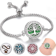 Hollow stainless steel aromatherapy bracelet with adjustable band and essential oil compartment.