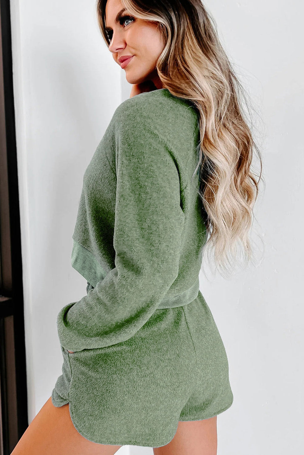 Green Fleece Two-Piece Cropped Pullover & Shorts Set