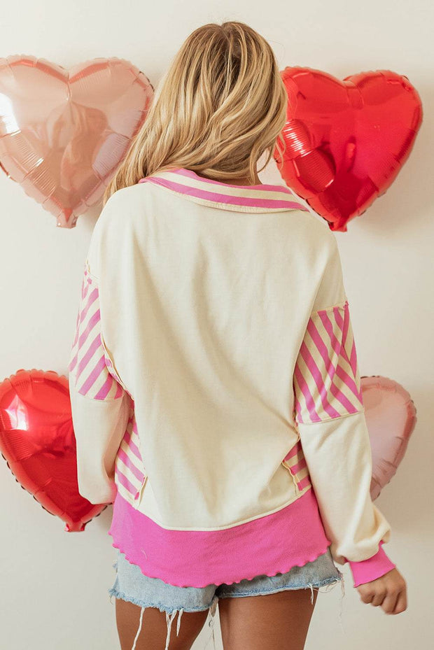 Pink Sequin Heart Collared Top with heart-shaped balloons background, back view.