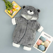 Bear-themed baby cotton onesie in gray with soft high-quality fabric.