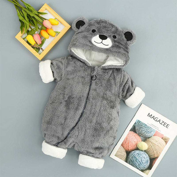 Bear-themed baby cotton onesie in gray with soft high-quality fabric.