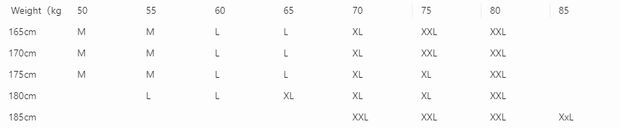 Men's Cropped Long Johns size chart for weight and height with sizes M to XXL.