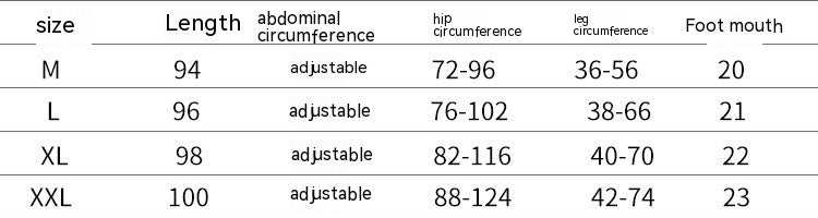 Size chart for fleece-lined maternity leggings showcasing adjustable abdominal circumference and dimensions for M, L, XL, XXL.