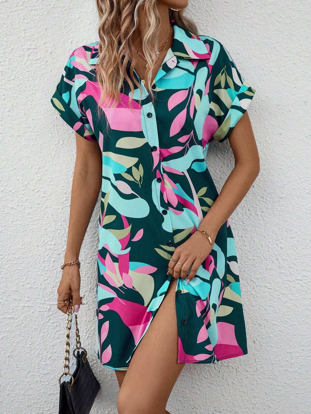 Floral Print Short Sleeve Shirt Dress with A-line silhouette and classic collar from Hot Topic Goods