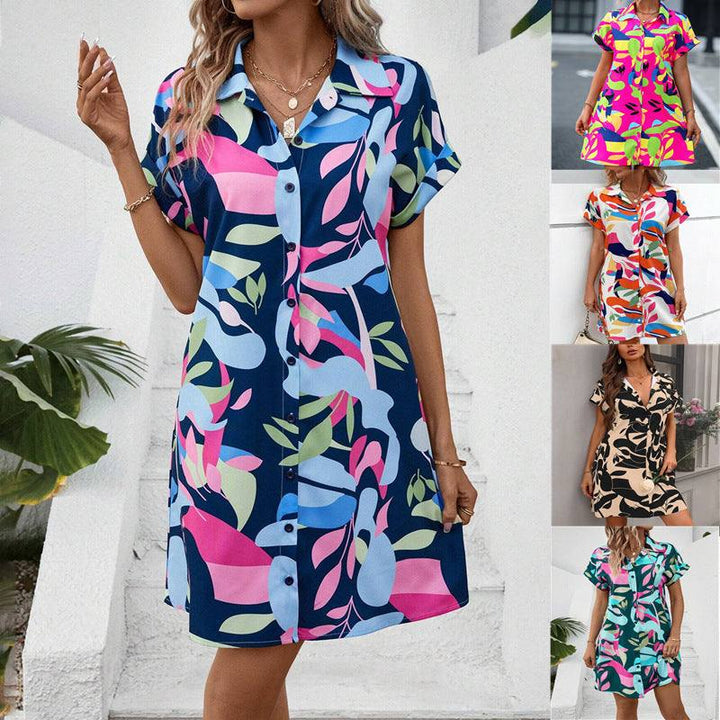 Woman wearing a floral print short sleeve shirt dress with collar and A-line silhouette
