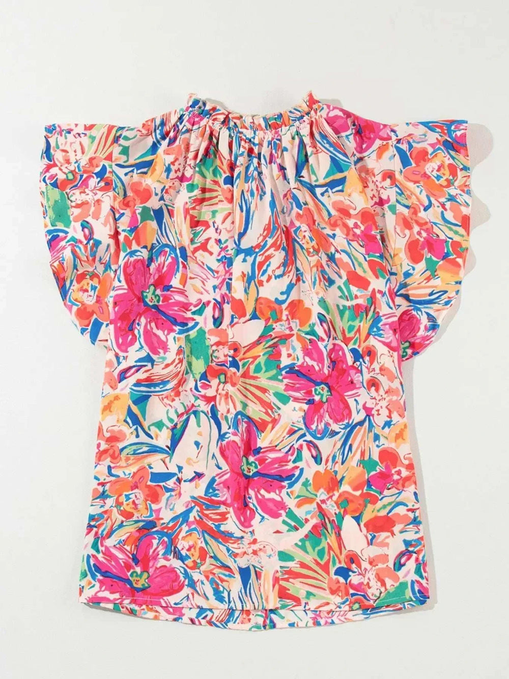 Women's floral ruffle sleeve V-neck summer blouse with colorful print and lightweight fabric from Hot Topic Goods