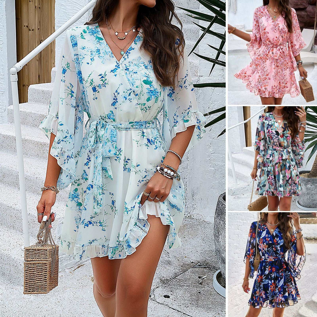 Women's floral V-neck lace-up ruffle mini dress with vibrant floral print and layered ruffles