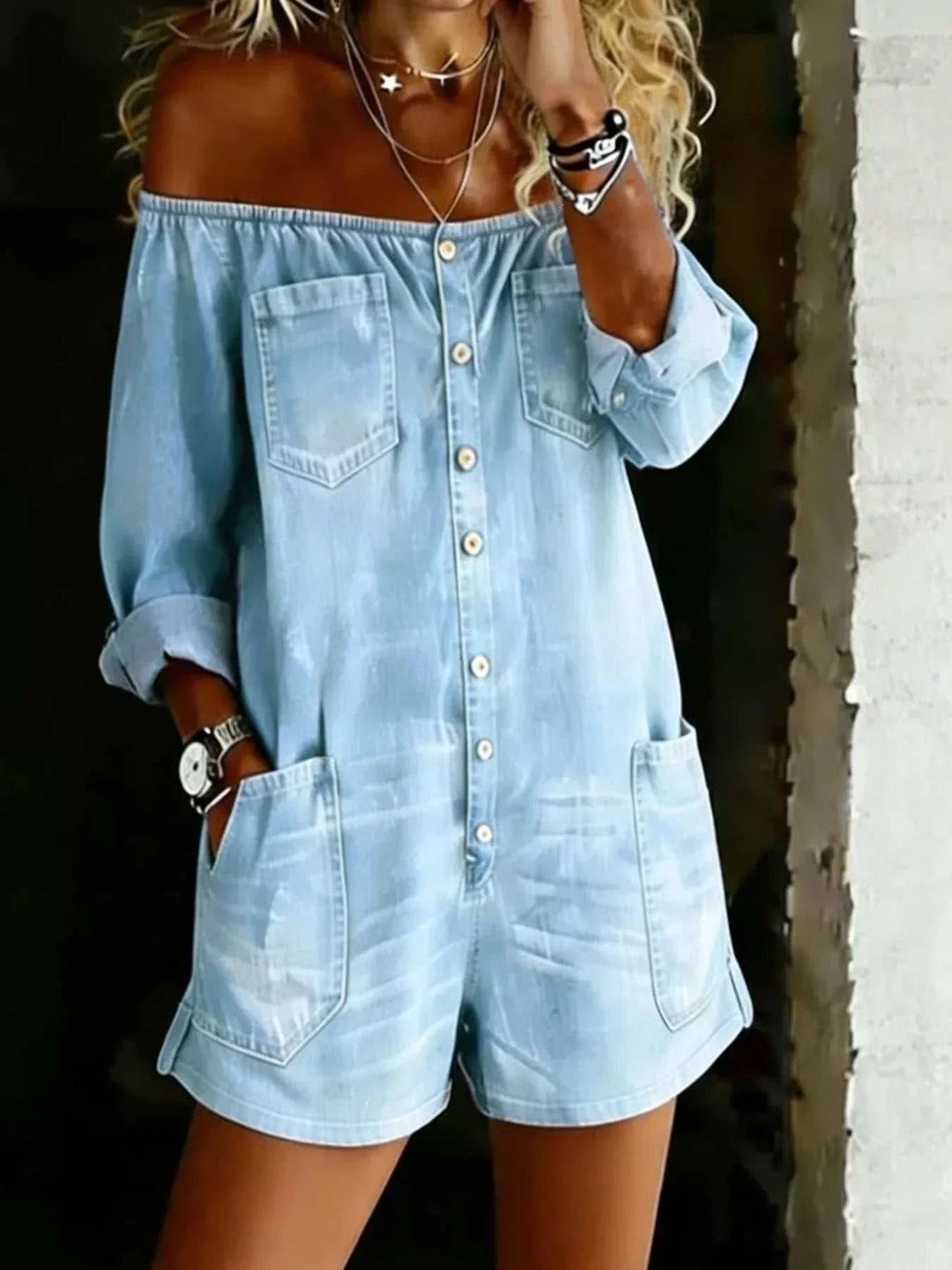 Woman wearing full size button-down off-shoulder romper from Hot Topic Goods