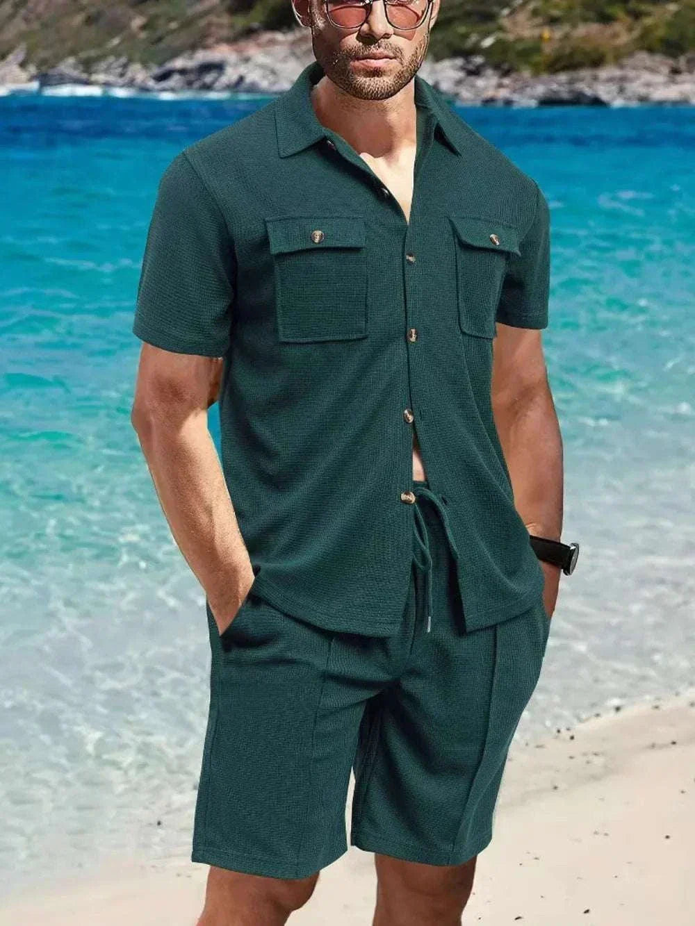 Men's Full Size Button-Down Short Sleeve Top & Shorts Set from Hot Topic Goods