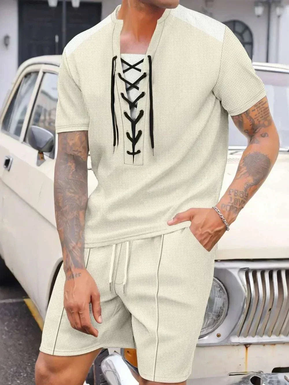 Men's full size lace-up waffle knit top & shorts set in beige breathable fabric