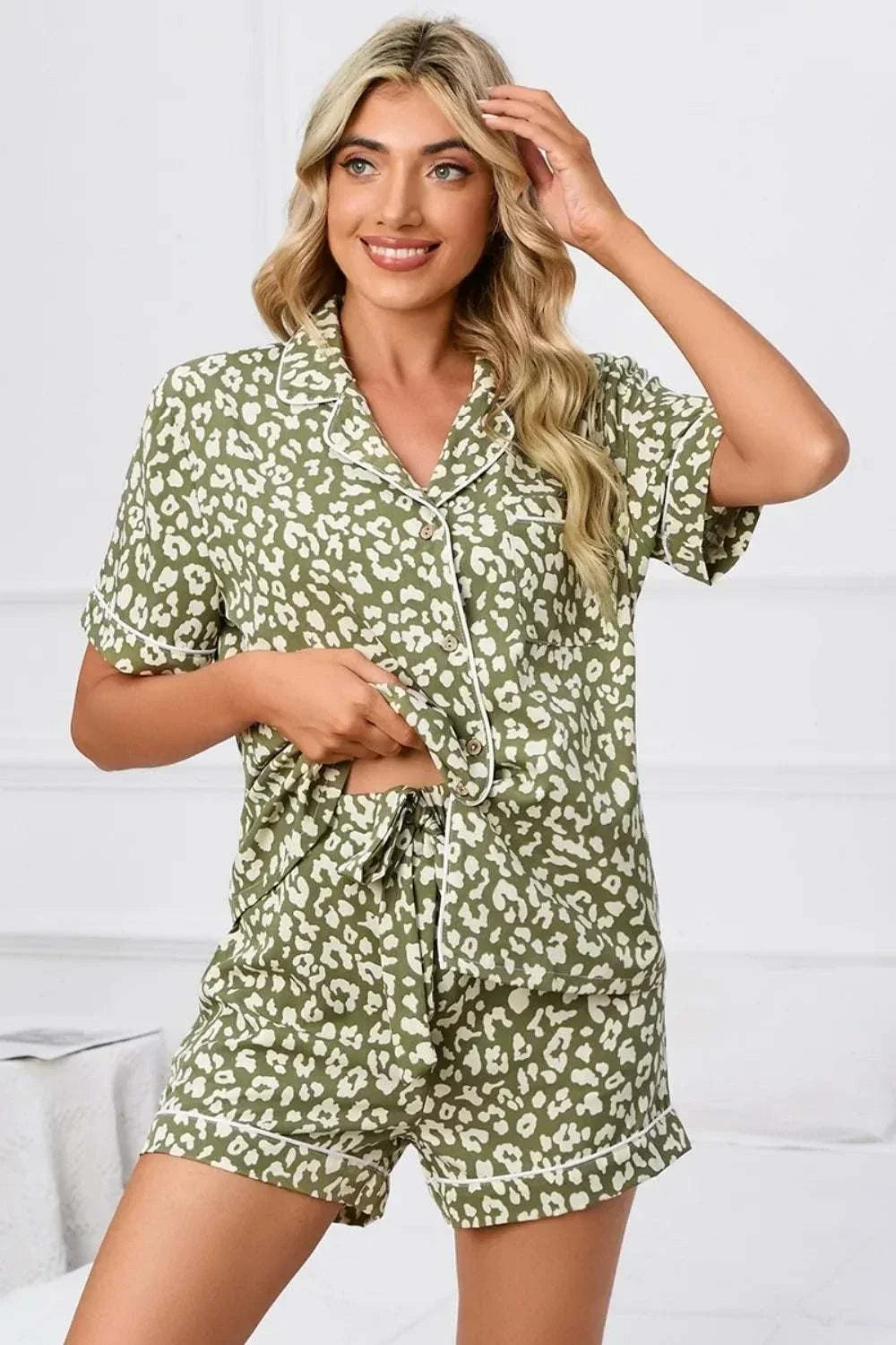 Women's full size leopard print short sleeve lounge set with matching shorts from Hot Topic Goods
