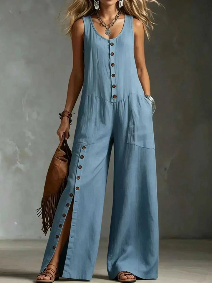Women wearing full size sleeveless button-front wide leg jumpsuit from Hot Topic Goods