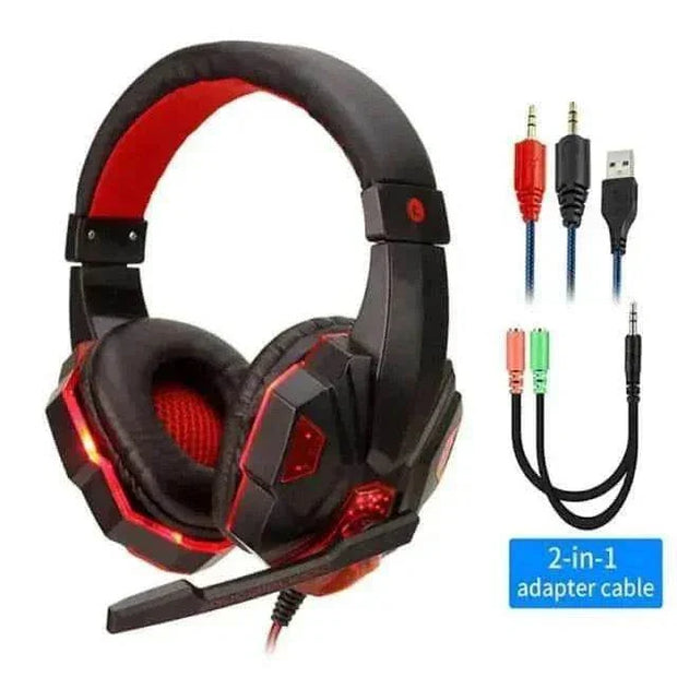 Led Light Wired Gamer Headset with vibrant LED lights and 2-in-1 adapter cable; designed for comfort and high-fidelity audio.