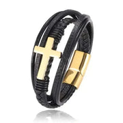 Mens chakra bracelet with black leather, cross charm, stainless steel accents.
