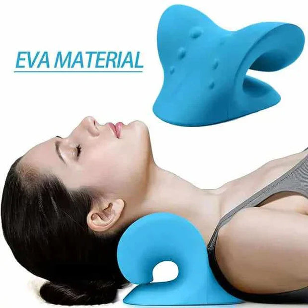 Neck shoulder stretcher pillow in use for cervical spine relaxation.