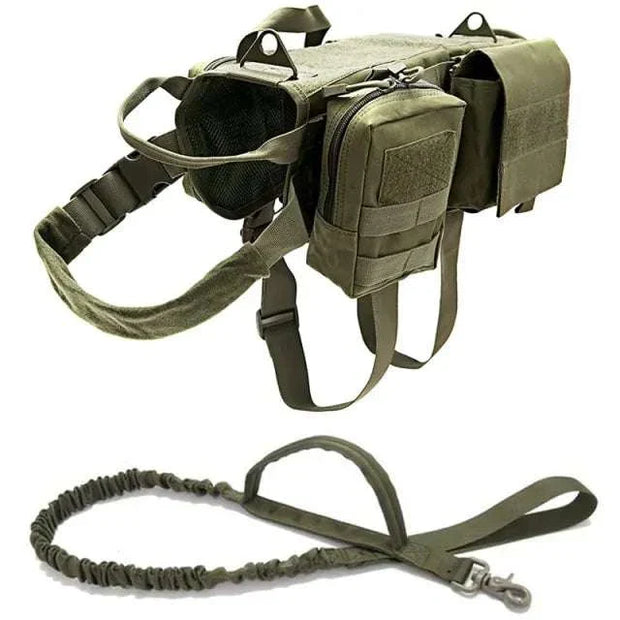 Tactical Military Dog Harness, nylon construction with pouches and adjustable straps, ideal for outdoor adventures.