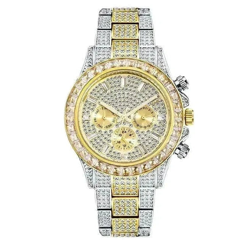 Diamond Calendar Watch with gold and silver accents, adorned with sparkling diamonds, featuring a calendar display.