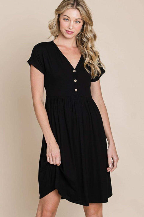 Chic BOMBOM V-Neck Dress with short sleeves in black, ideal for versatile styling.