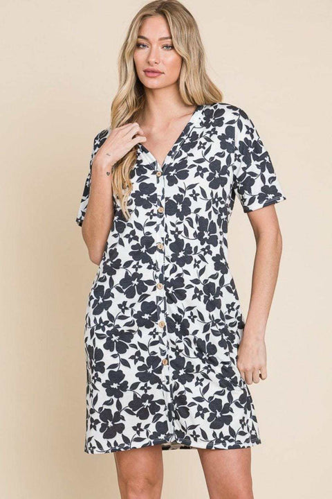 BOMBOM Floral Mini Dress with vibrant print and button-down front.