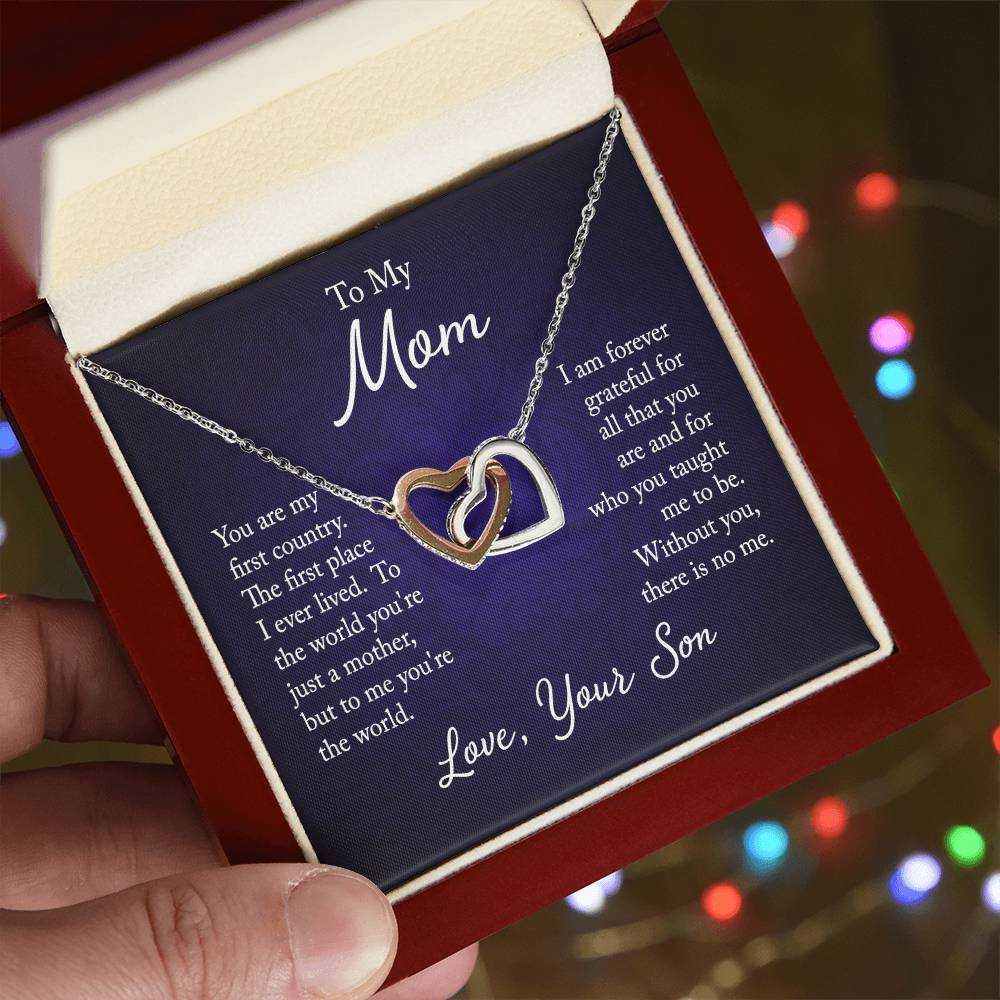 Interlocking Hearts Necklace for Mom from Son with CZ crystals and rose gold finish representing love and family connection