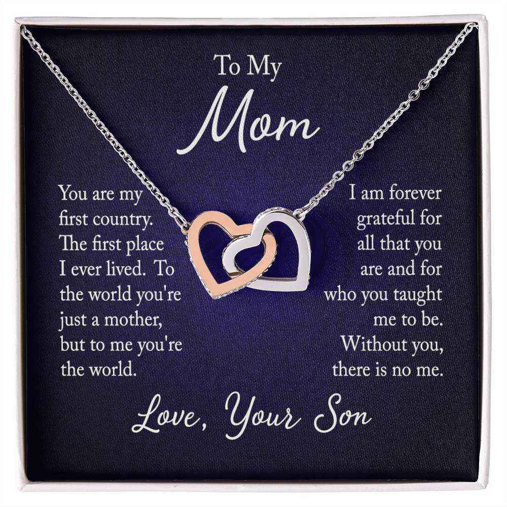 Interlocking Hearts Necklace for Mom from Son with CZ crystals and rose gold finish displayed on white background
